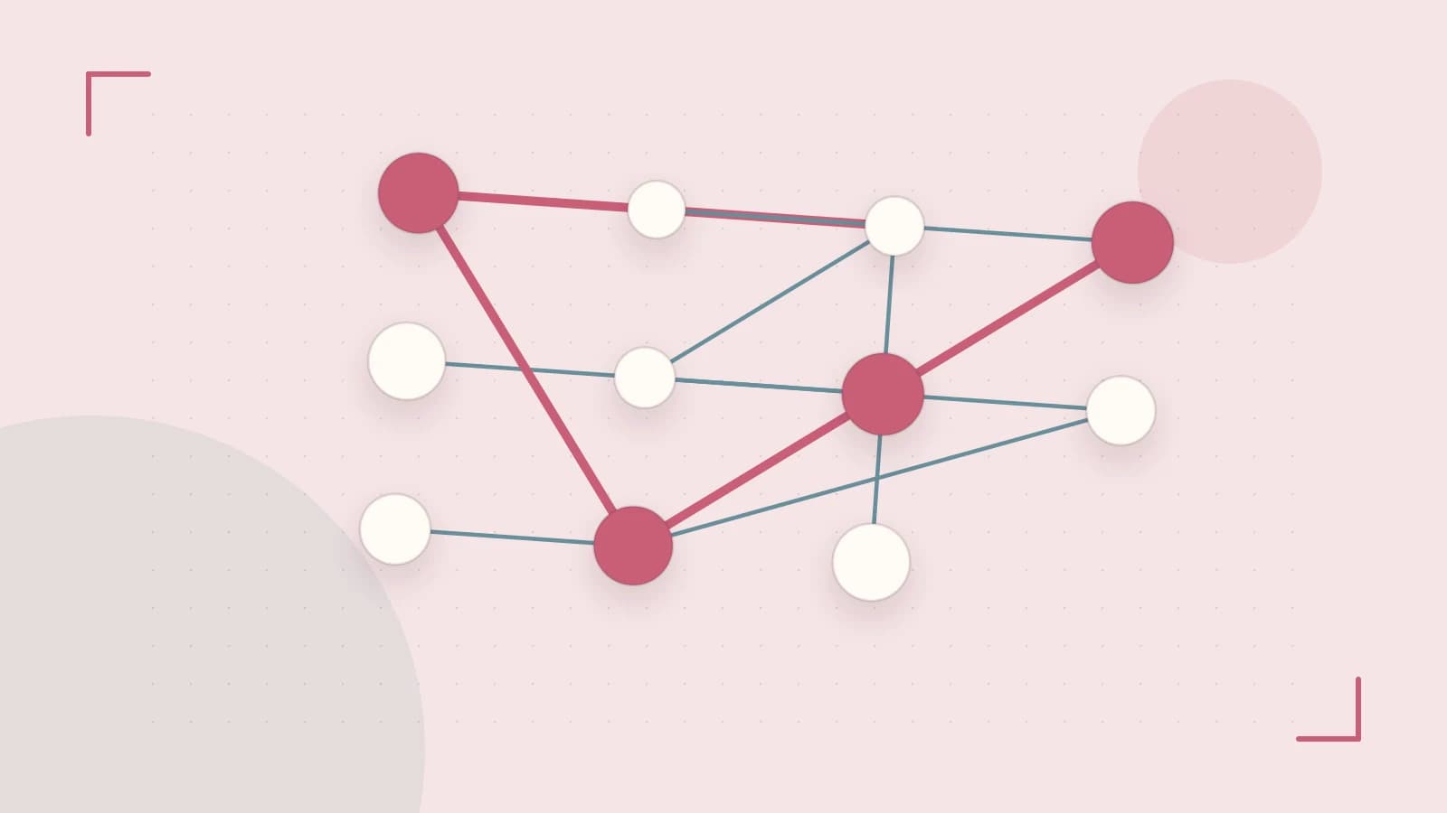 Editorial illustration of an algorithmic node graph with branching paths and a highlighted result