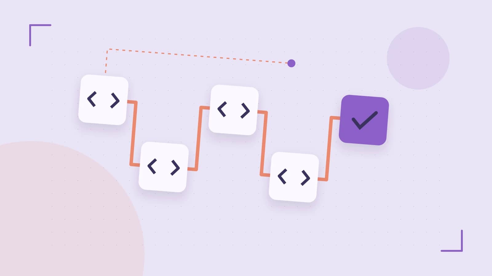 Editorial illustration of a branching build pipeline, staged transformations and a completed check