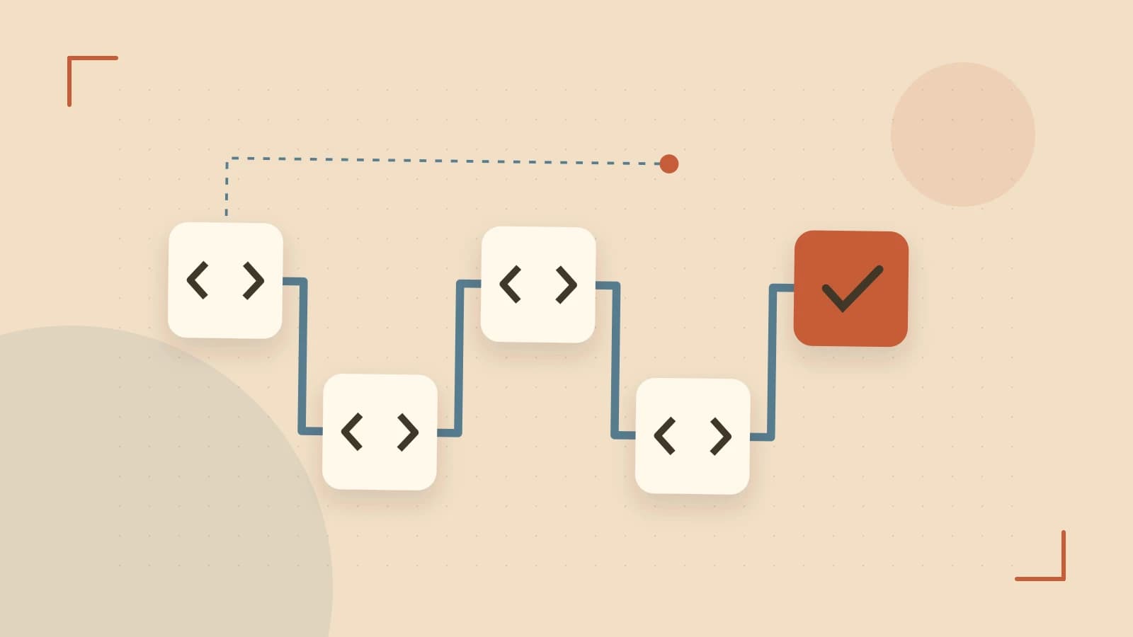 Editorial illustration of a branching build pipeline, staged transformations and a completed check