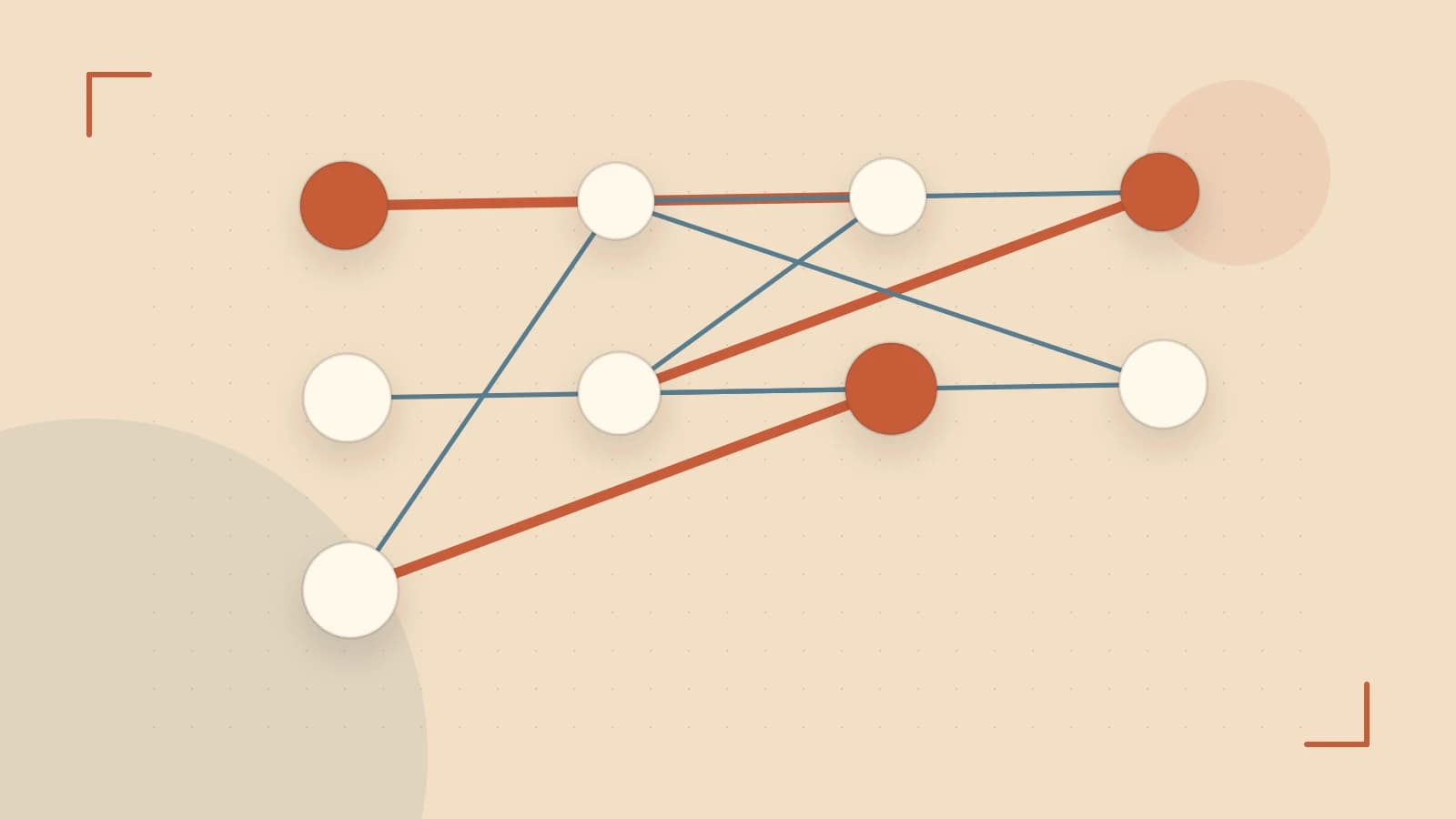 Editorial illustration of an algorithmic node graph with branching paths and a highlighted result