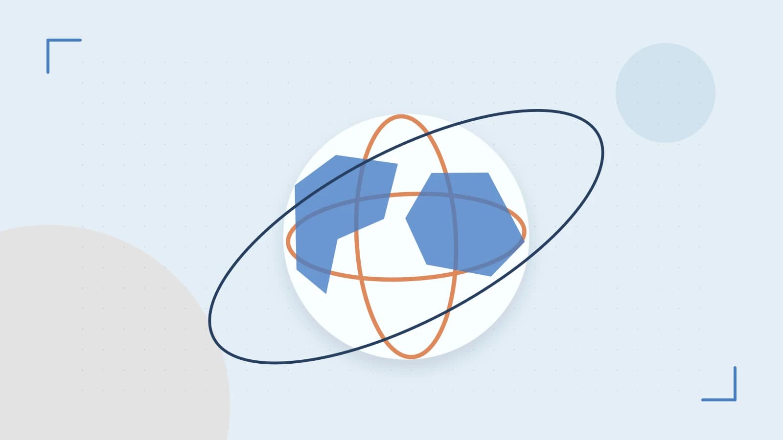 Editorial illustration of an editorial globe with meridians and layered geographic shapes