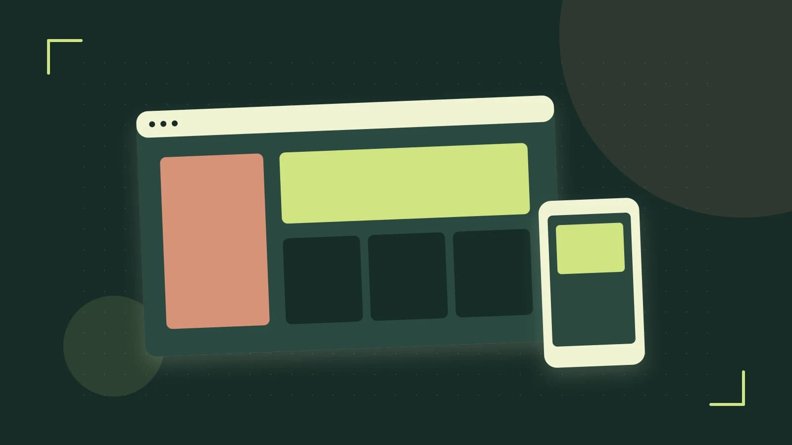 Editorial illustration of responsive browser layouts, overlapping design components and a color system