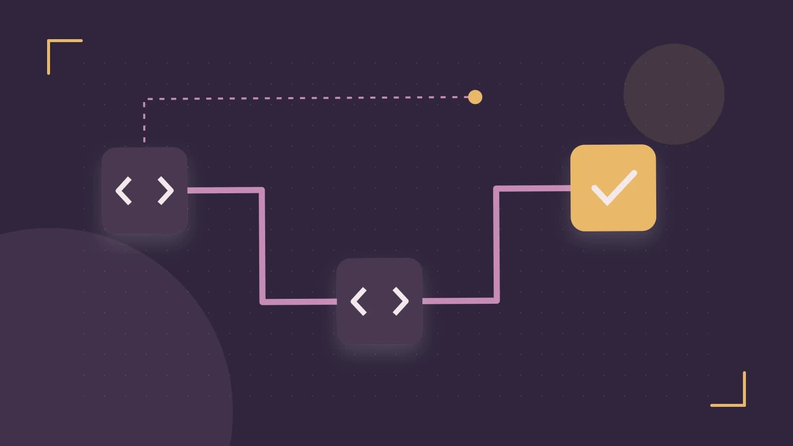 Editorial illustration of a branching build pipeline, staged transformations and a completed check