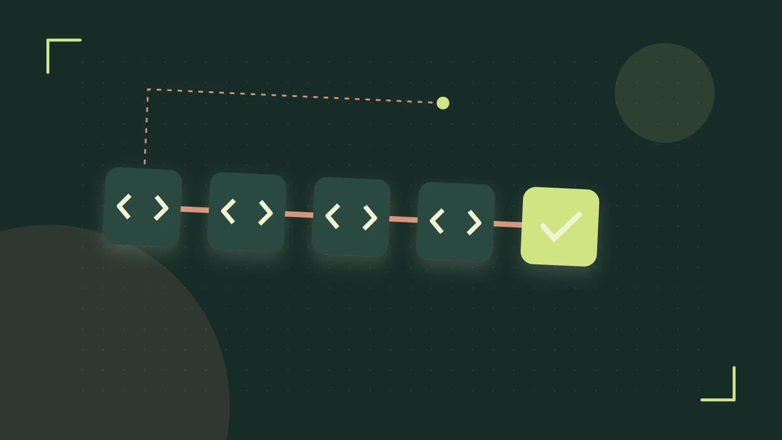 Editorial illustration of a branching build pipeline, staged transformations and a completed check