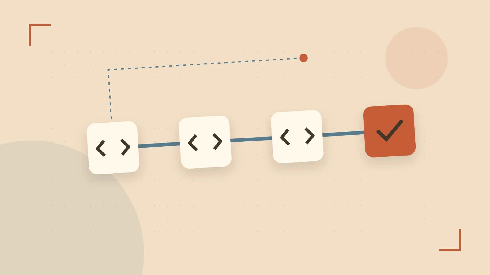 Editorial illustration of a branching build pipeline, staged transformations and a completed check