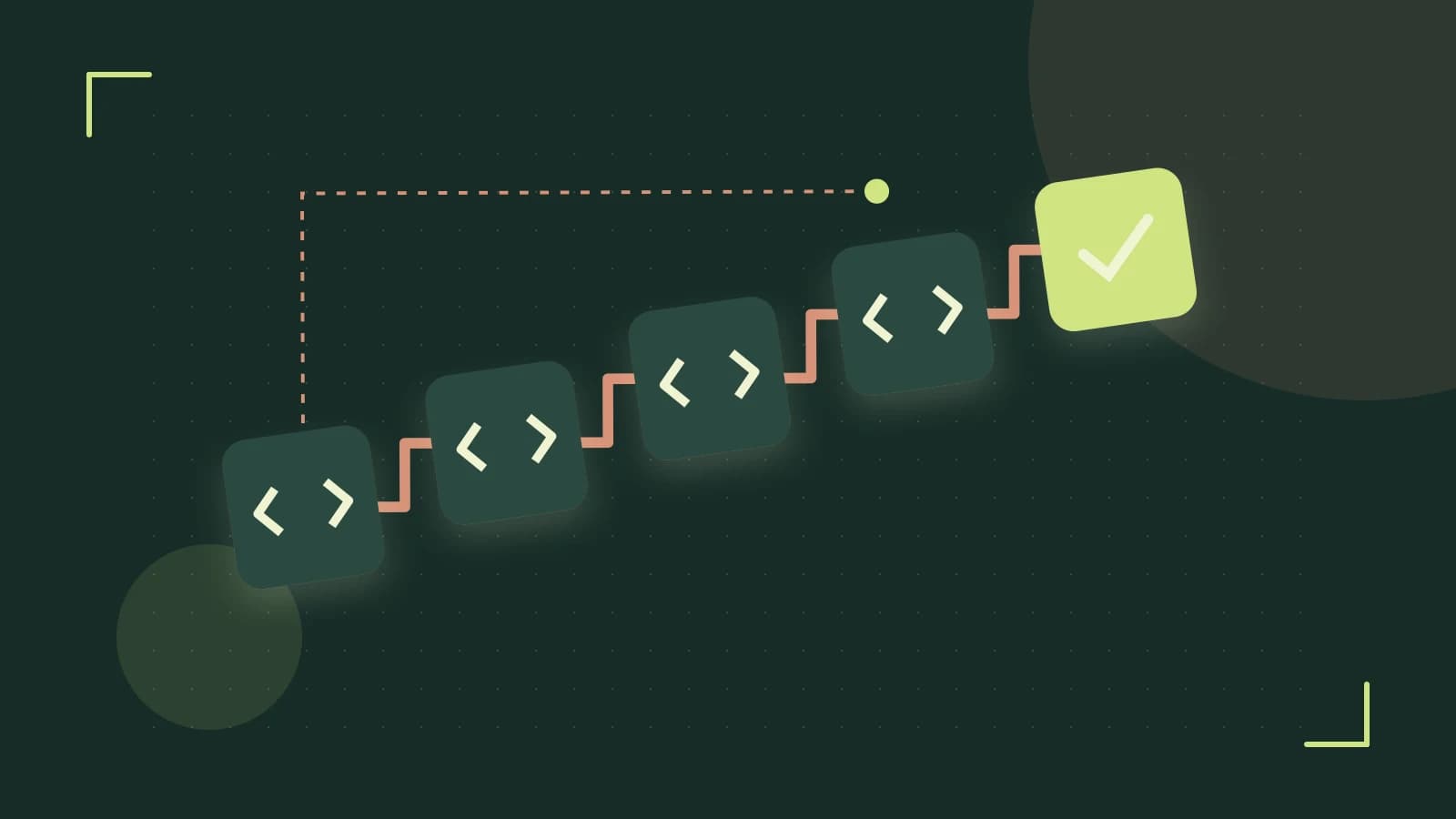 Editorial illustration of a branching build pipeline, staged transformations and a completed check