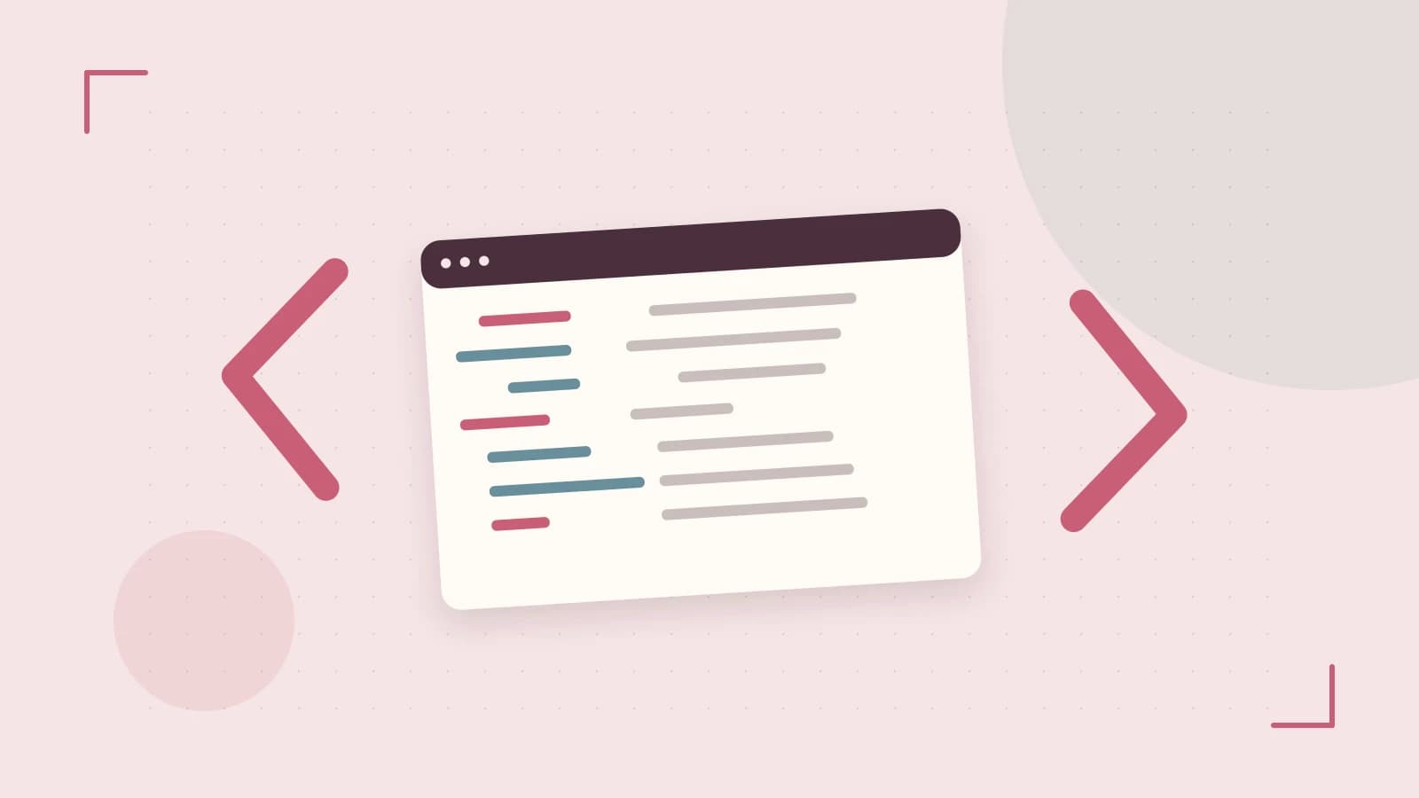 Editorial illustration of an abstract code editor, syntax blocks and oversized programming brackets
