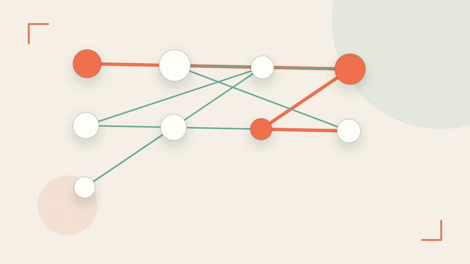 Editorial illustration of an algorithmic node graph with branching paths and a highlighted result