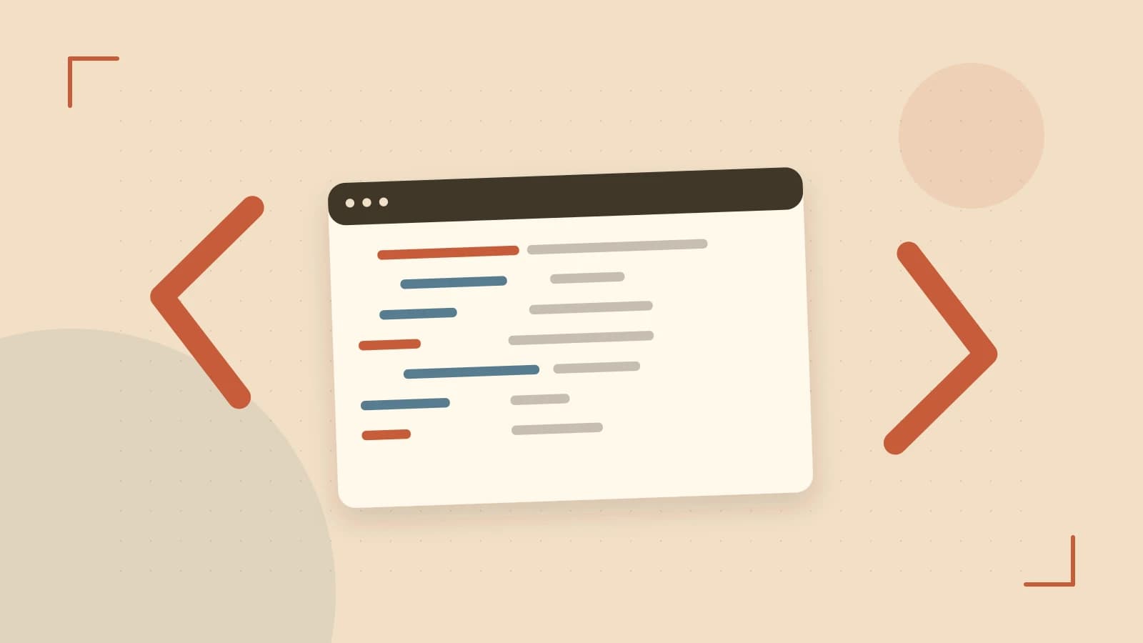 Editorial illustration of an abstract code editor, syntax blocks and oversized programming brackets