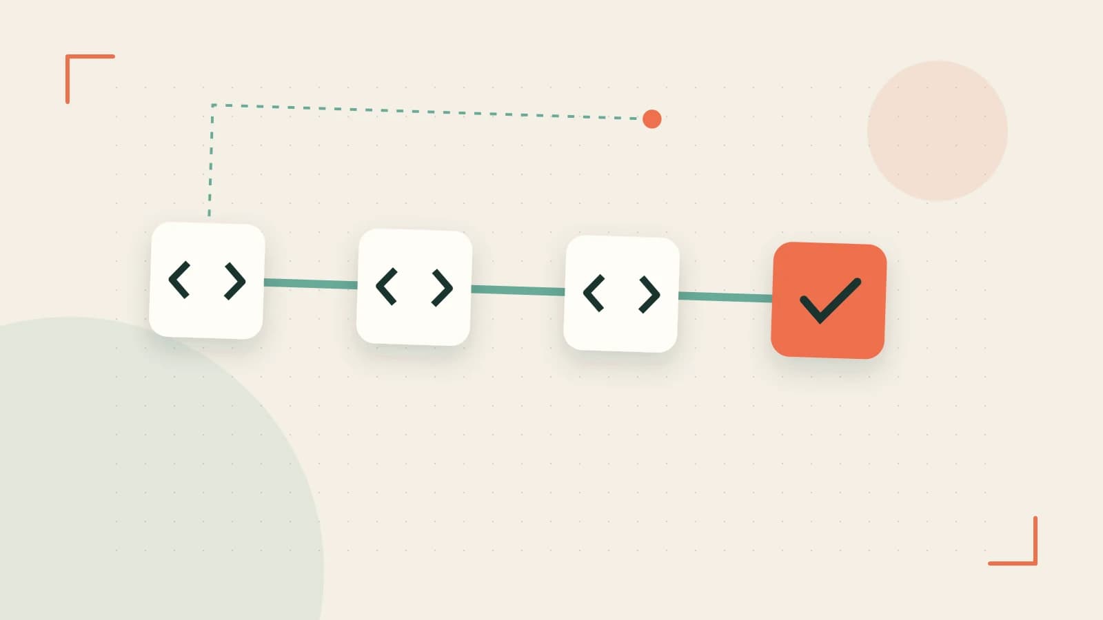 Editorial illustration of a branching build pipeline, staged transformations and a completed check