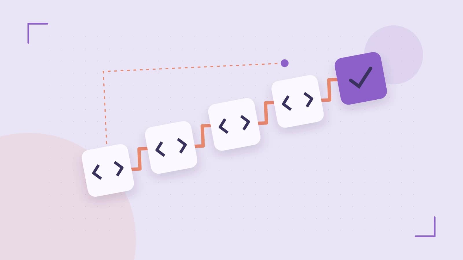 Editorial illustration of a branching build pipeline, staged transformations and a completed check