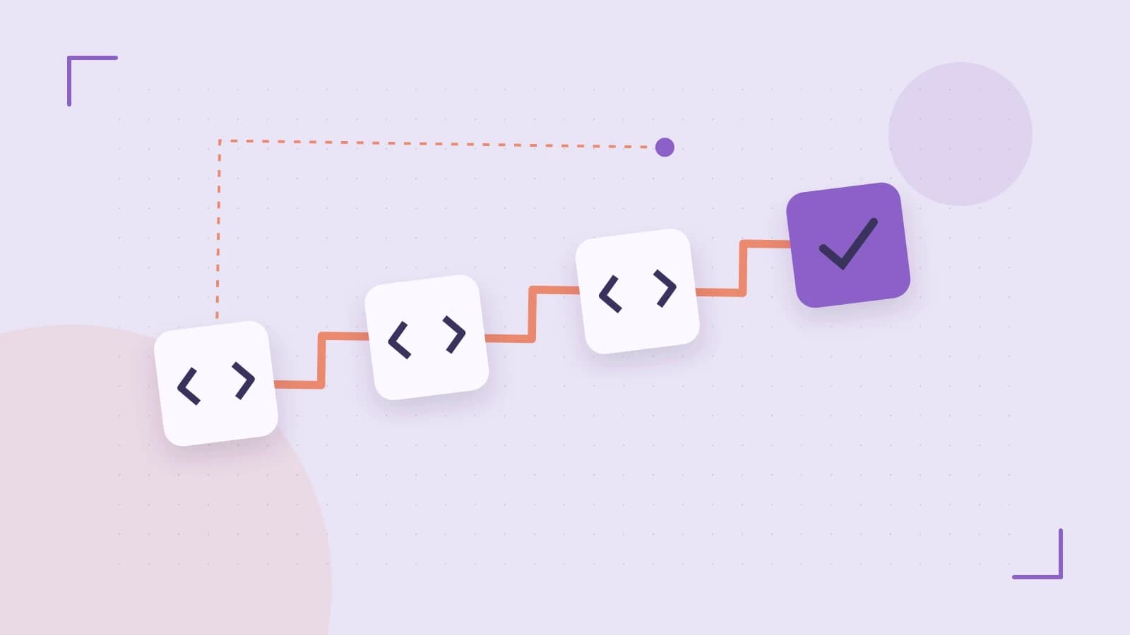 Editorial illustration of a branching build pipeline, staged transformations and a completed check