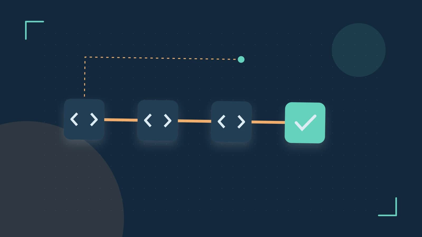Editorial illustration of a branching build pipeline, staged transformations and a completed check