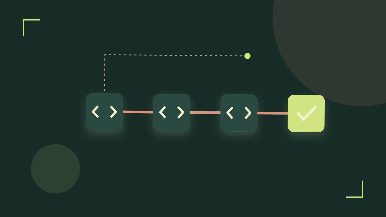 Editorial illustration of a branching build pipeline, staged transformations and a completed check