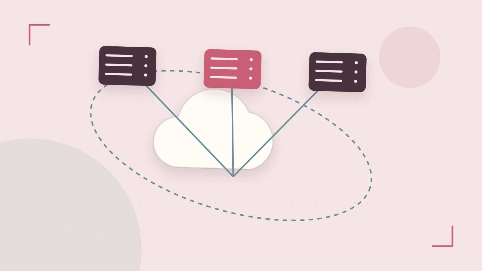 Editorial illustration of cloud infrastructure, connected server racks and an orbital service map