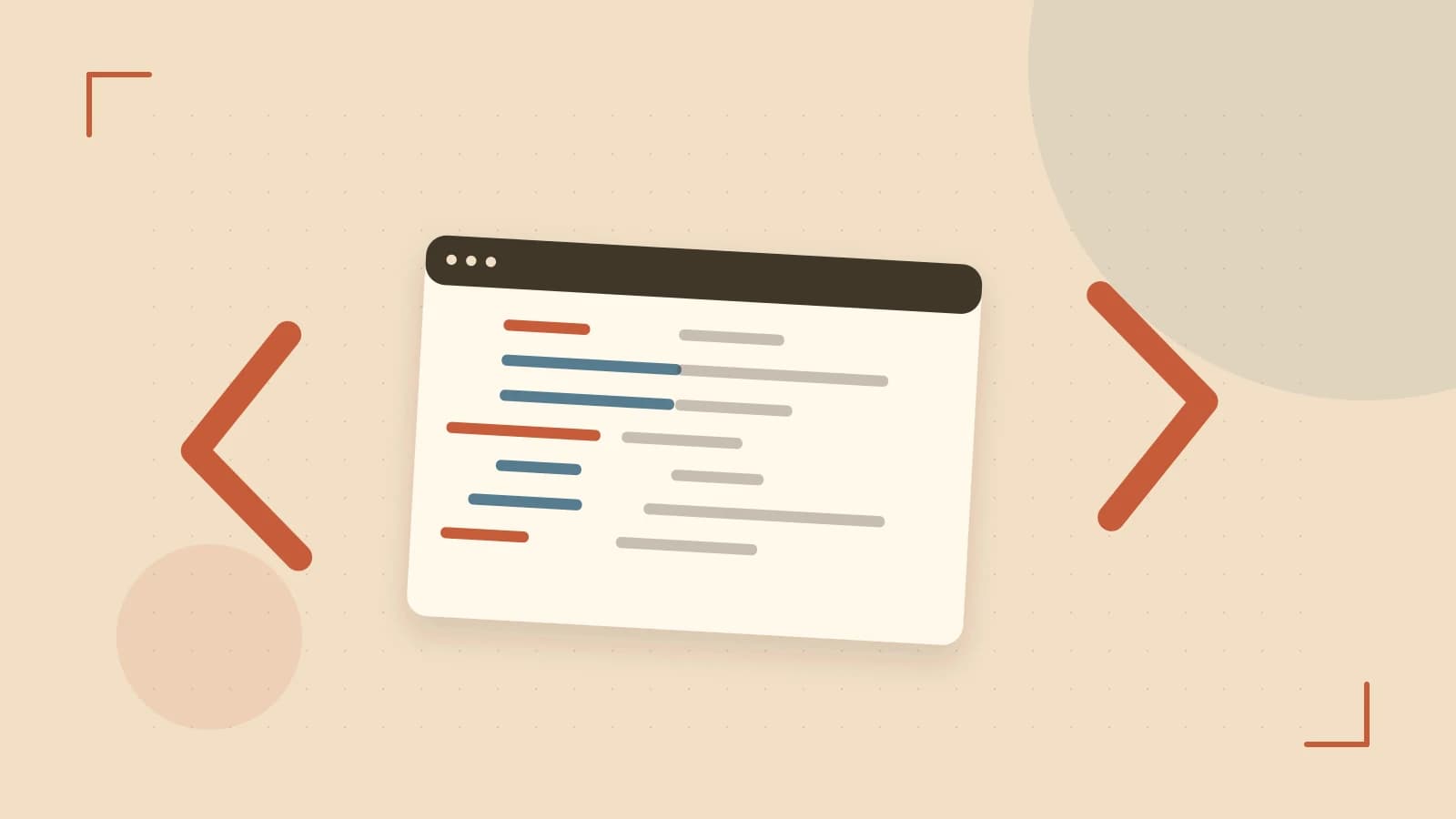 Editorial illustration of an abstract code editor, syntax blocks and oversized programming brackets