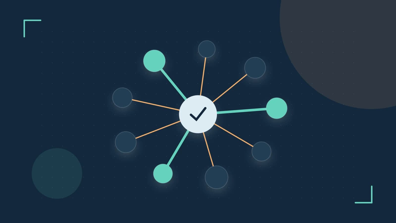 Editorial illustration of an algorithmic node graph with branching paths and a highlighted result