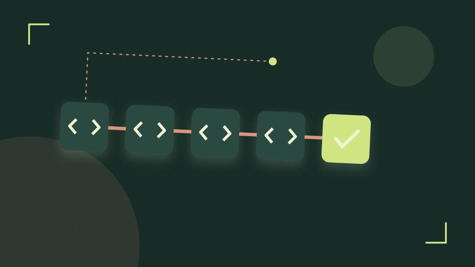 Editorial illustration of a branching build pipeline, staged transformations and a completed check