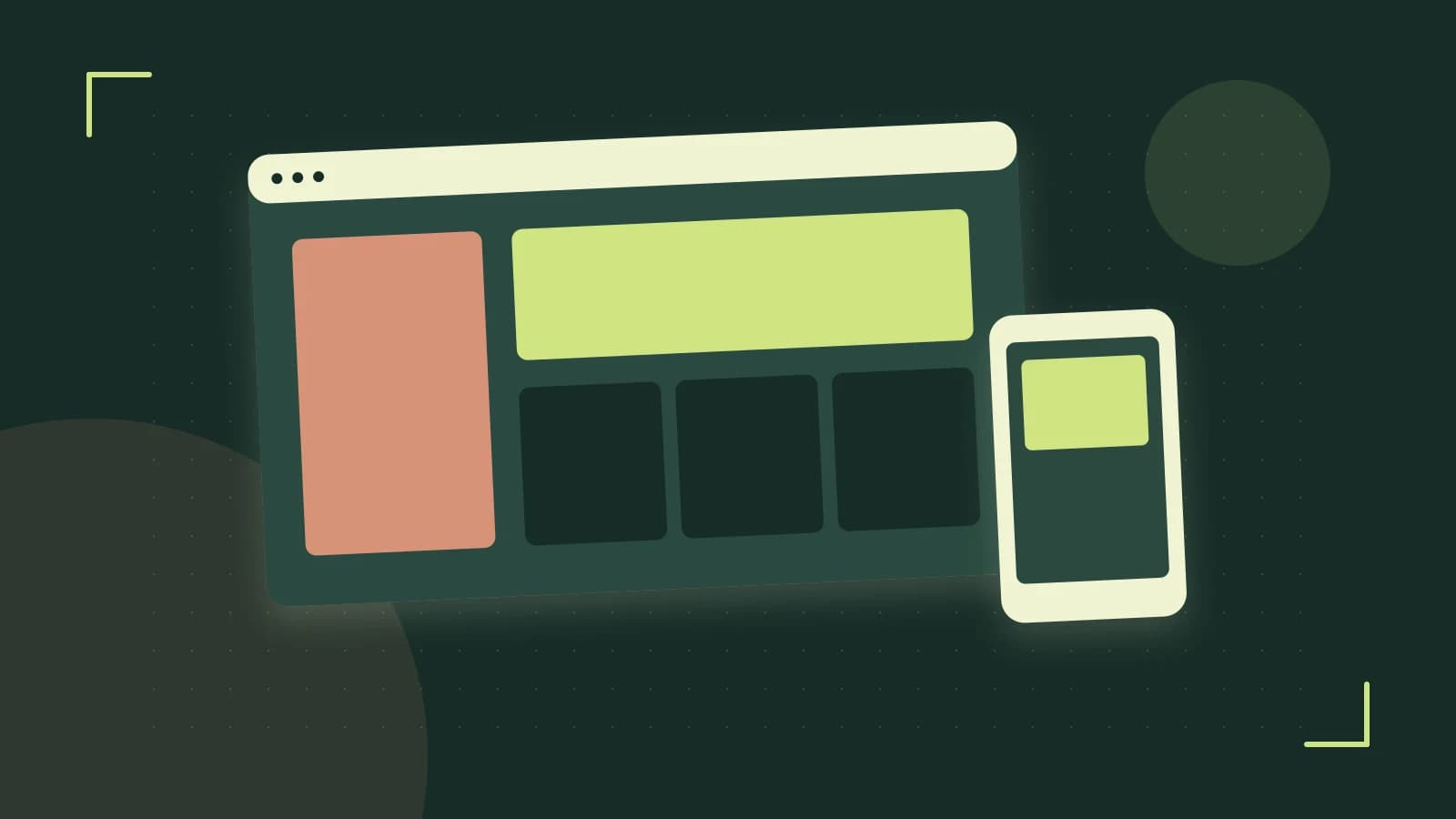 Editorial illustration of responsive browser layouts, overlapping design components and a color system