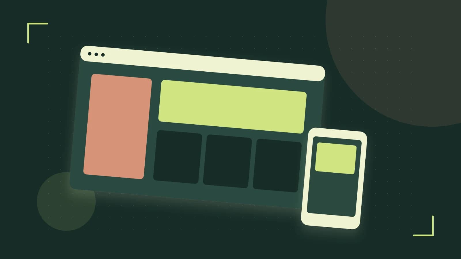 Editorial illustration of responsive browser layouts, overlapping design components and a color system