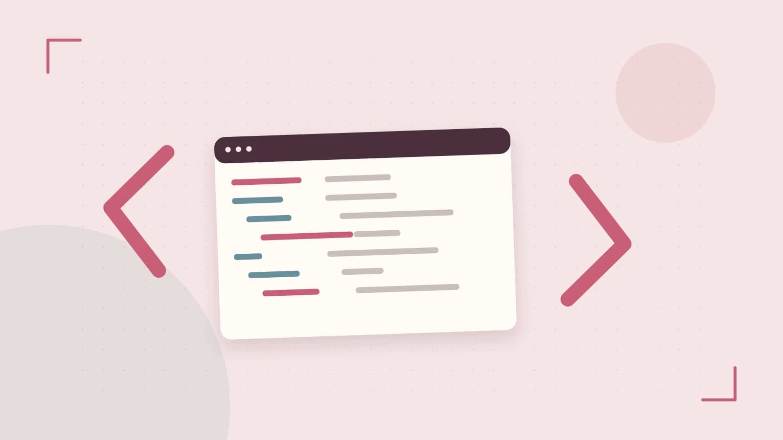 Editorial illustration of an abstract code editor, syntax blocks and oversized programming brackets