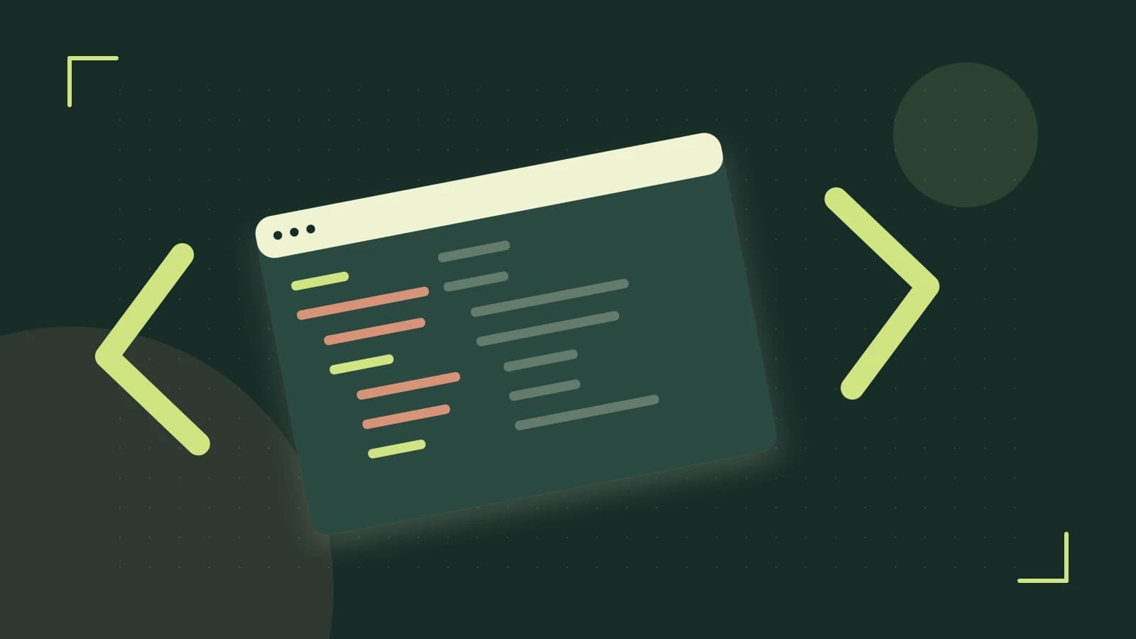 Editorial illustration of an abstract code editor, syntax blocks and oversized programming brackets