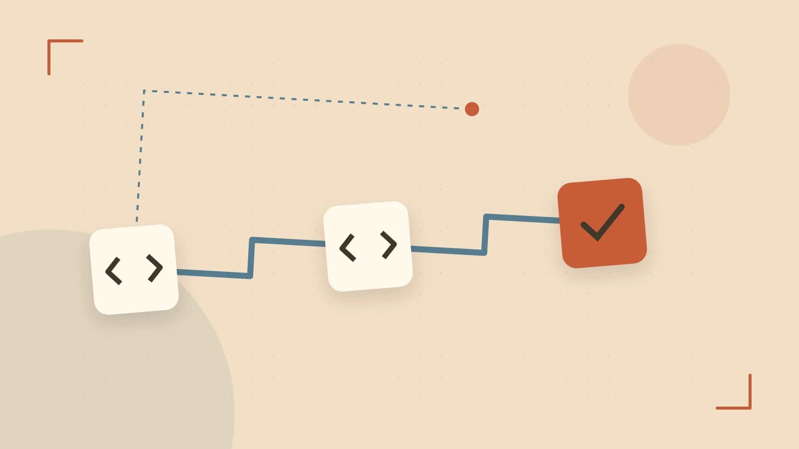 Editorial illustration of a branching build pipeline, staged transformations and a completed check