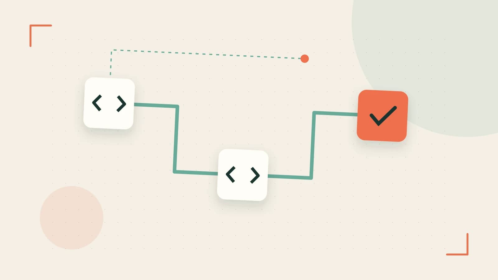 Editorial illustration of a branching build pipeline, staged transformations and a completed check