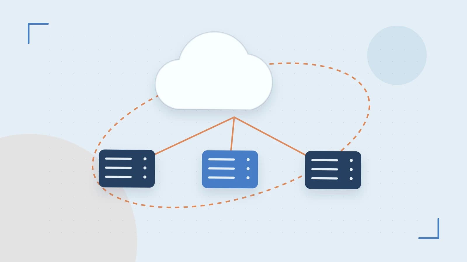 Editorial illustration of cloud infrastructure, connected server racks and an orbital service map