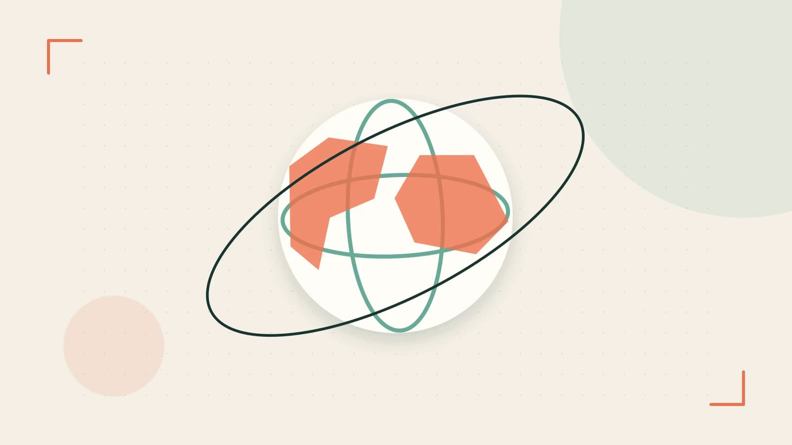 Editorial illustration of an editorial globe with meridians and layered geographic shapes