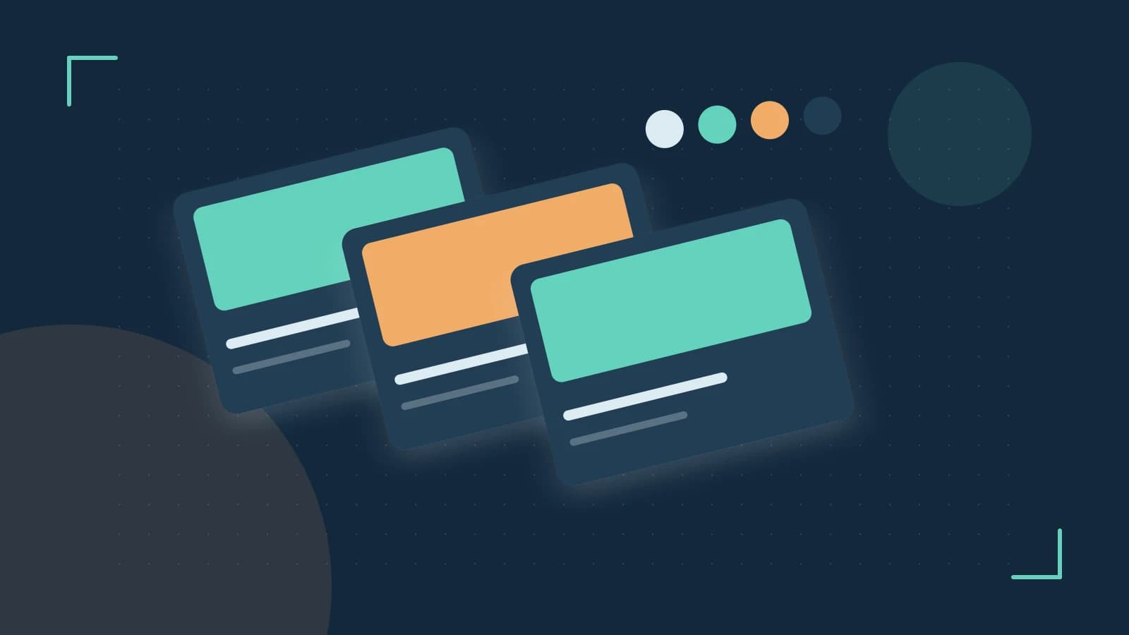 Editorial illustration of responsive browser layouts, overlapping design components and a color system