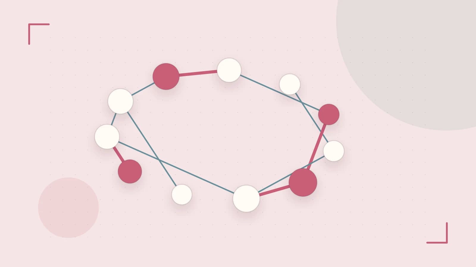 Editorial illustration of an algorithmic node graph with branching paths and a highlighted result