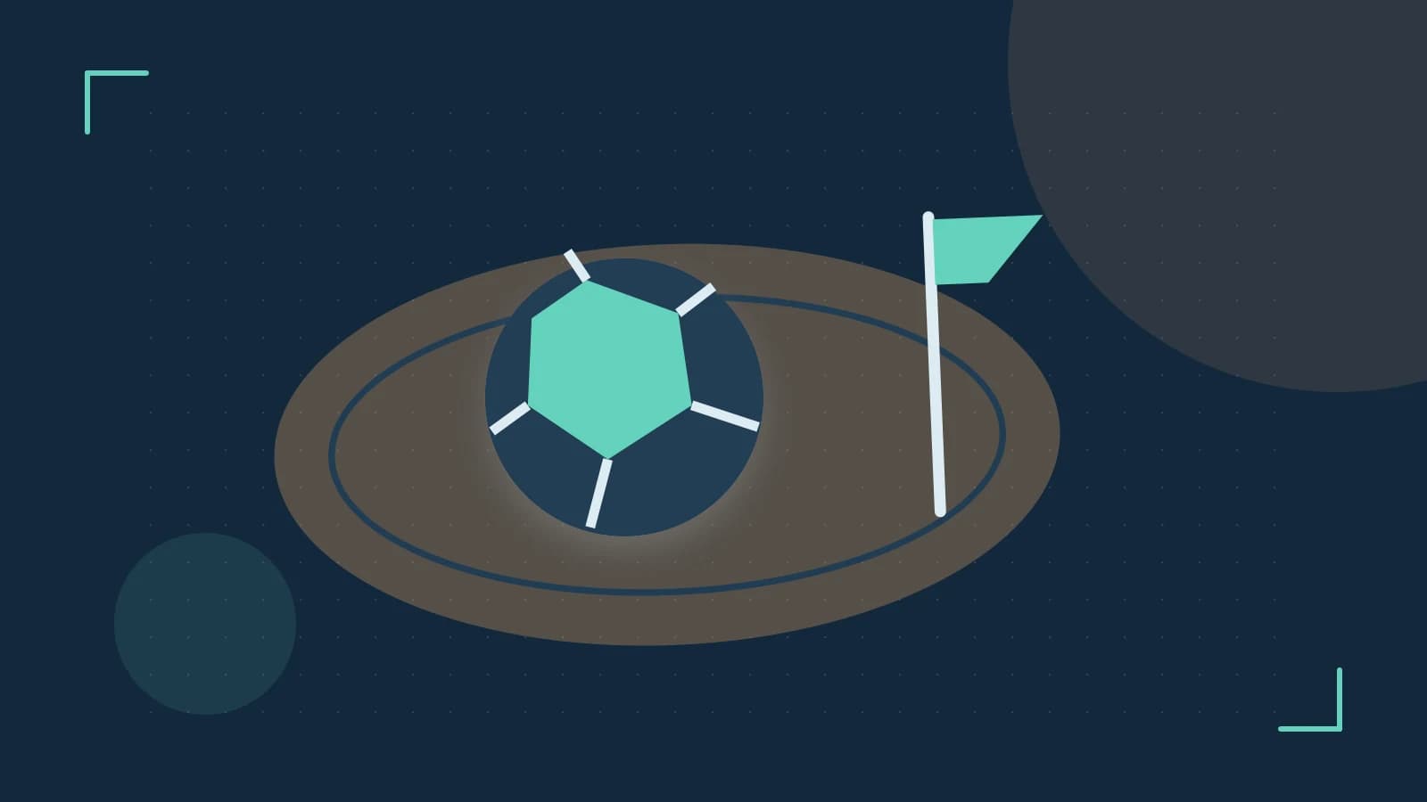 Editorial illustration of a stylized sports ball, stadium geometry and dynamic arcs