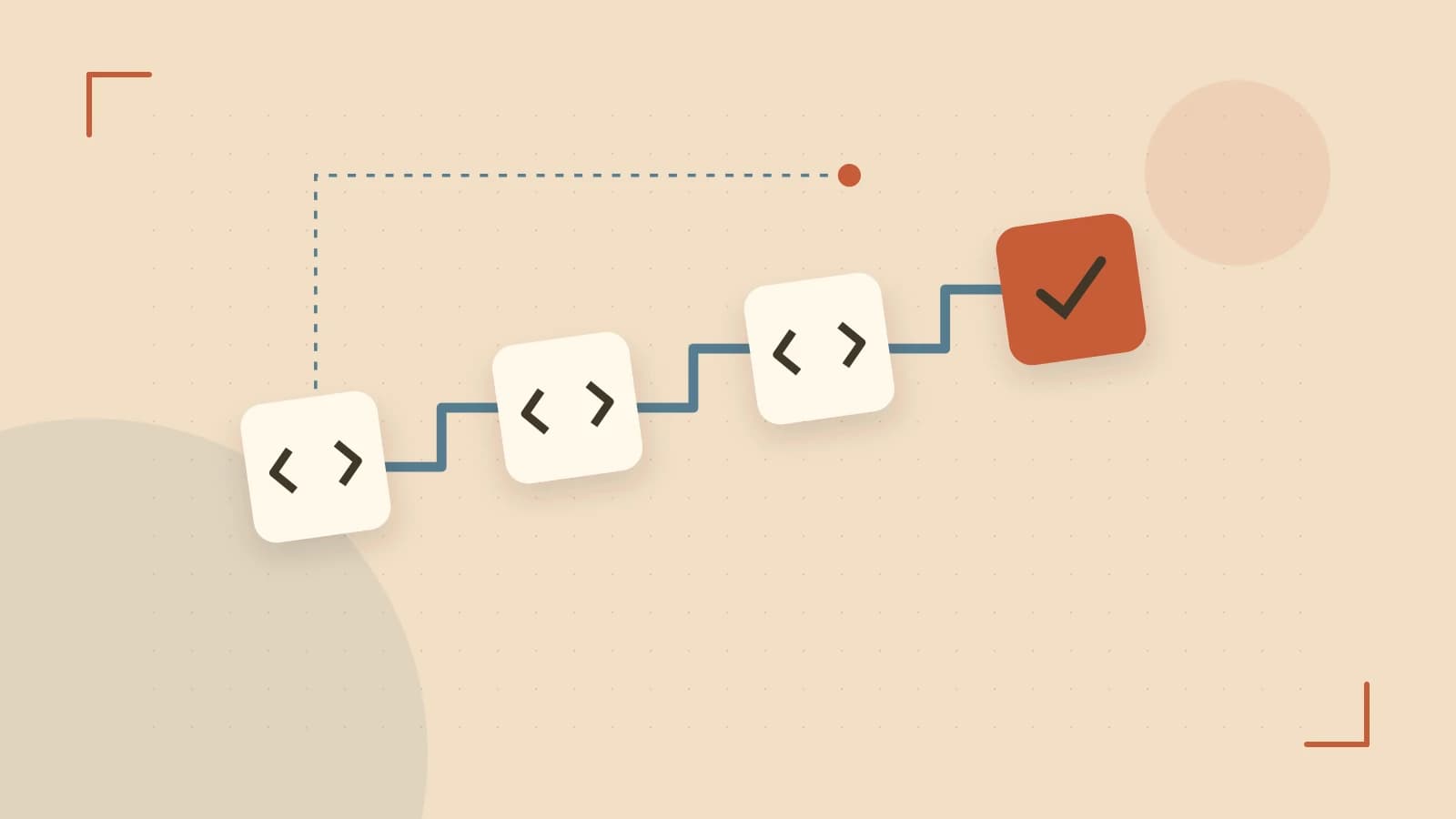 Editorial illustration of a branching build pipeline, staged transformations and a completed check