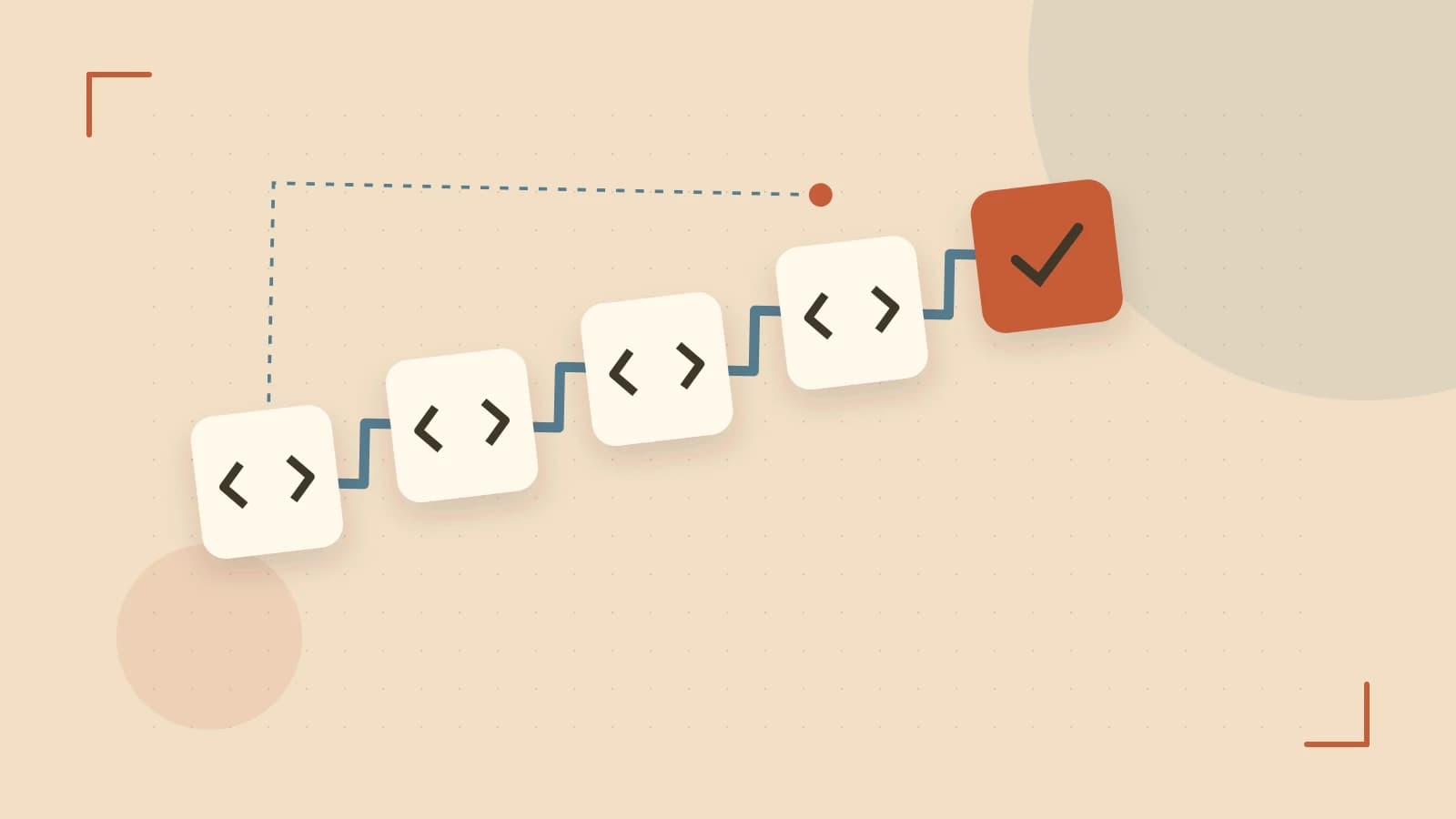 Editorial illustration of a branching build pipeline, staged transformations and a completed check