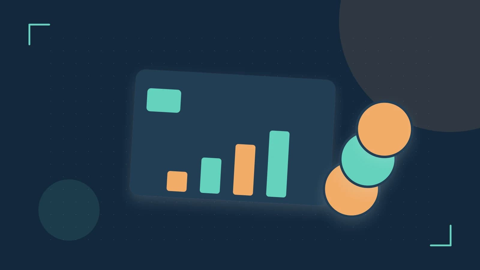 Editorial illustration of abstract coins, a payment card and a geometric financial chart without data labels