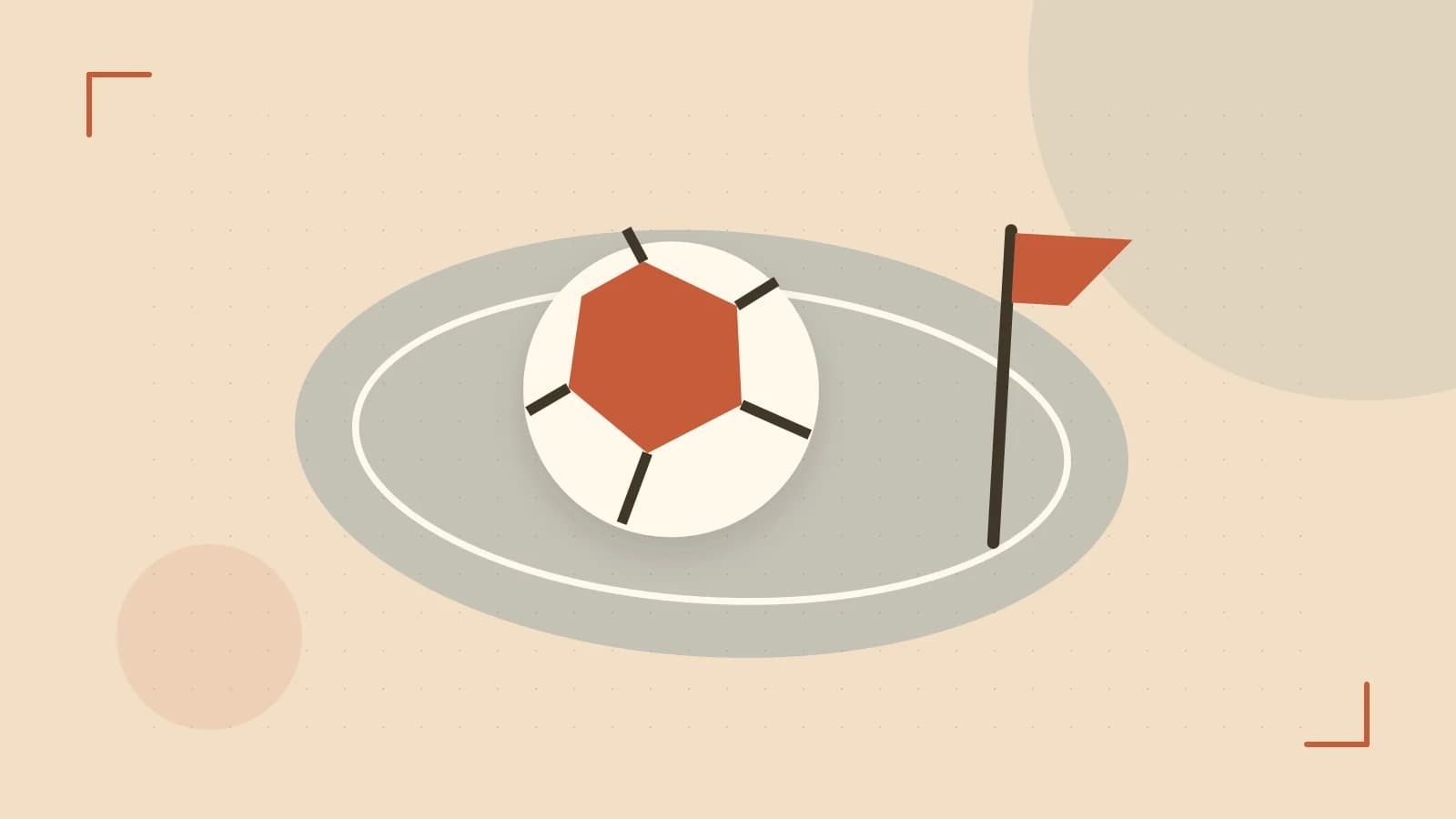 Editorial illustration of a stylized sports ball, stadium geometry and dynamic arcs