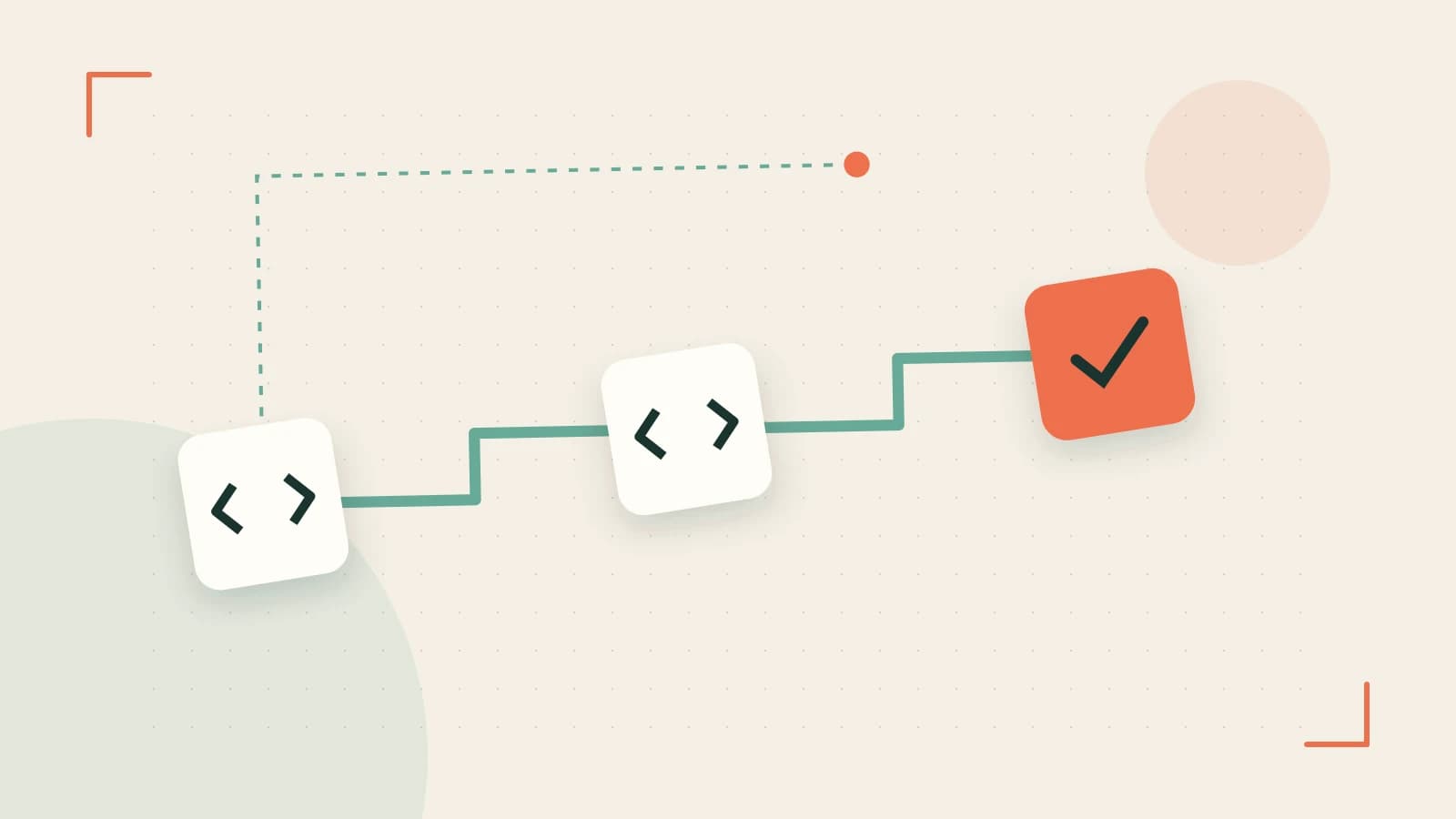 Editorial illustration of a branching build pipeline, staged transformations and a completed check