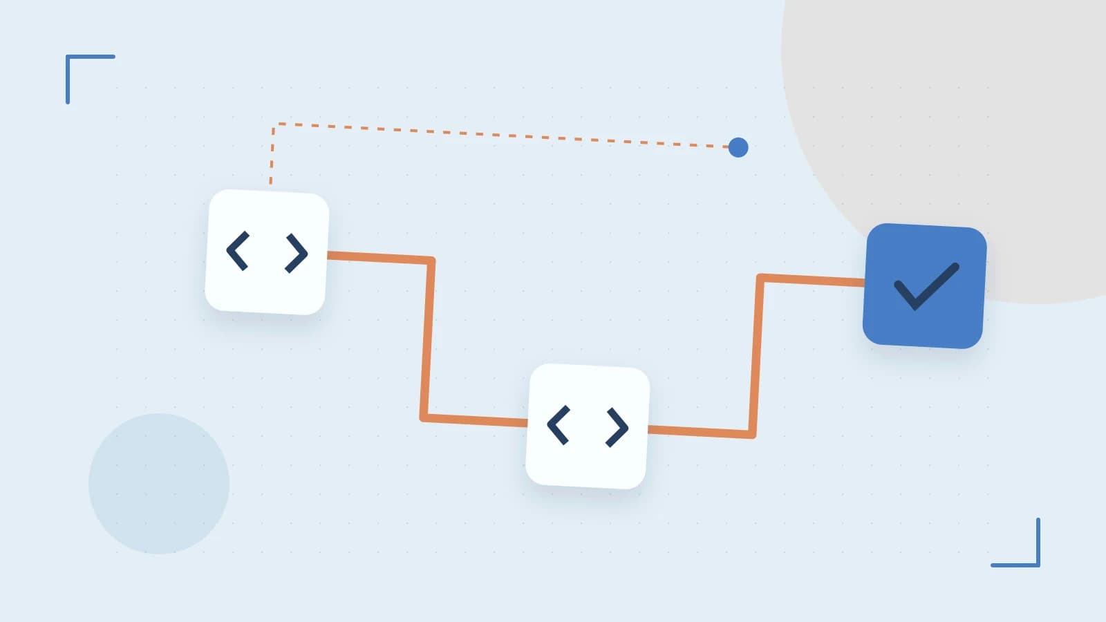 Editorial illustration of a branching build pipeline, staged transformations and a completed check