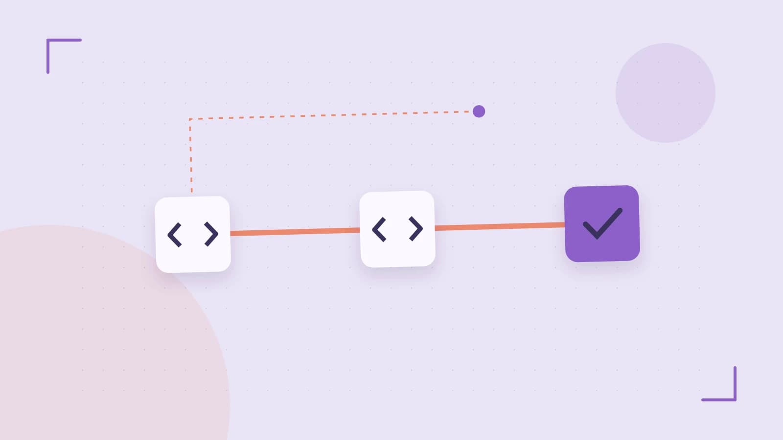 Editorial illustration of a branching build pipeline, staged transformations and a completed check