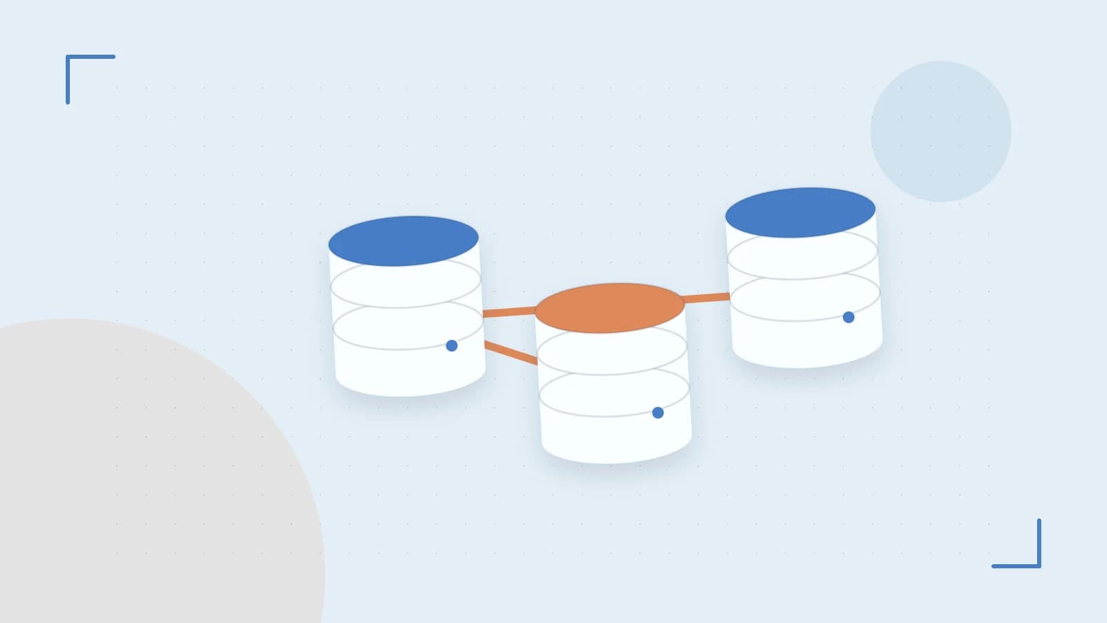 Editorial illustration of structured records, database cylinders and relationships between tables