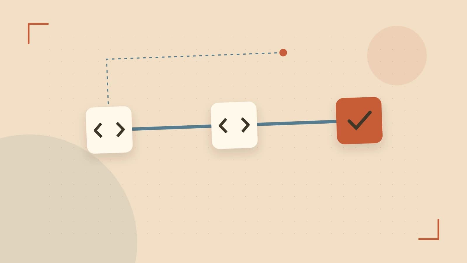 Editorial illustration of a branching build pipeline, staged transformations and a completed check