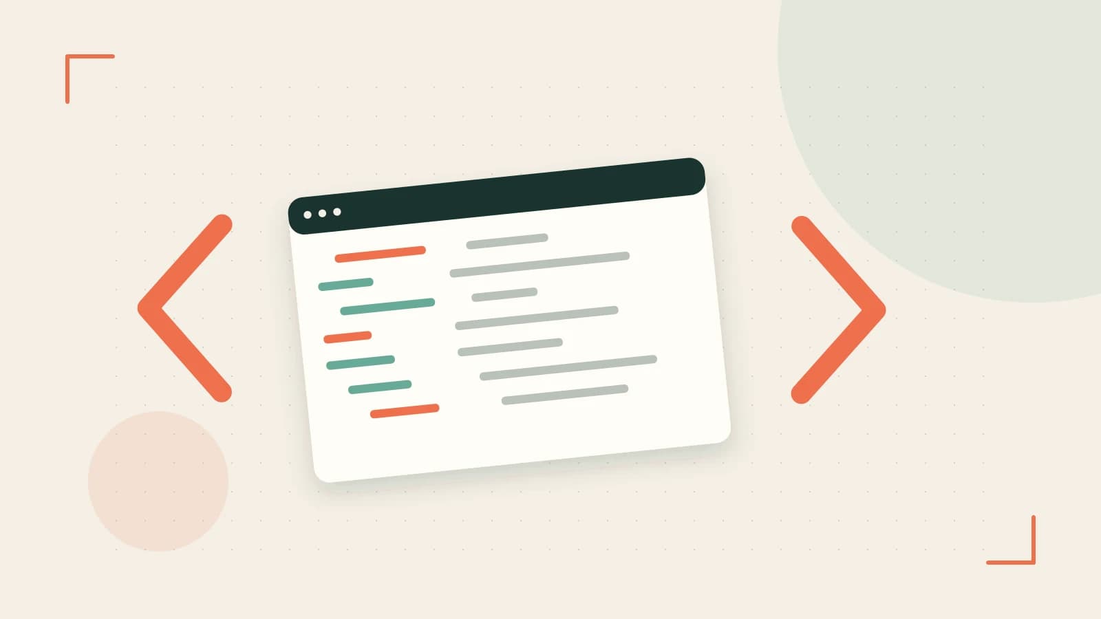 Editorial illustration of an abstract code editor, syntax blocks and oversized programming brackets