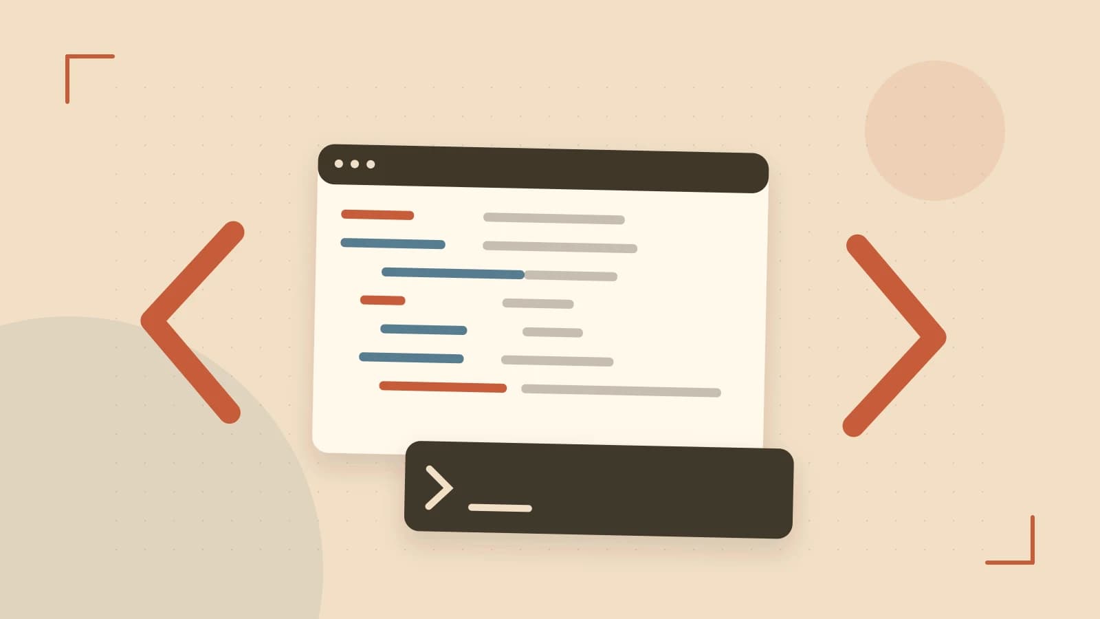 Editorial illustration of an abstract code editor, syntax blocks and oversized programming brackets