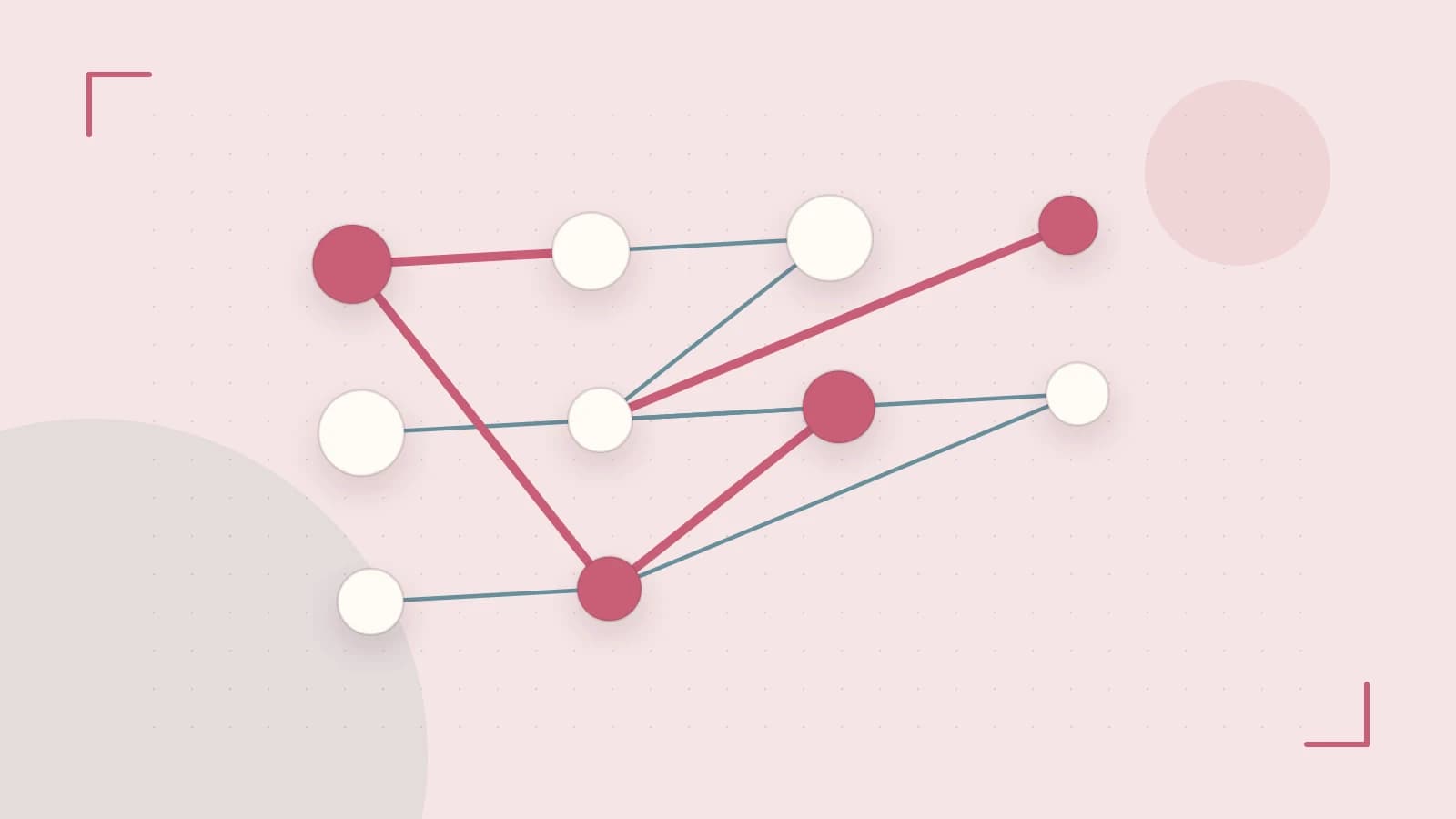 Editorial illustration of an algorithmic node graph with branching paths and a highlighted result