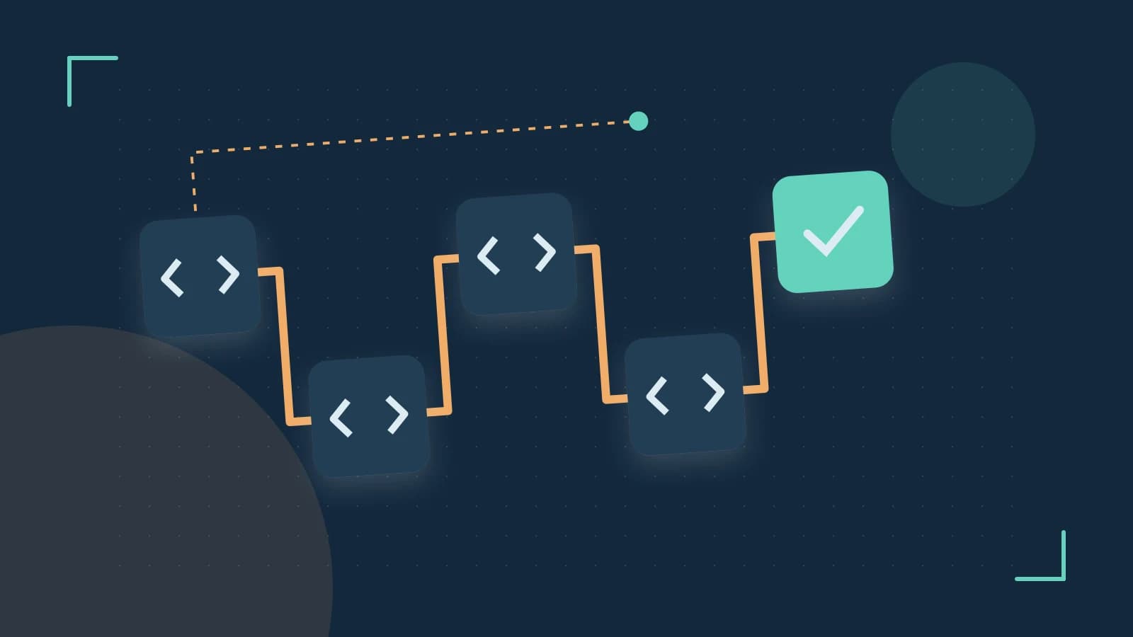 Editorial illustration of a branching build pipeline, staged transformations and a completed check
