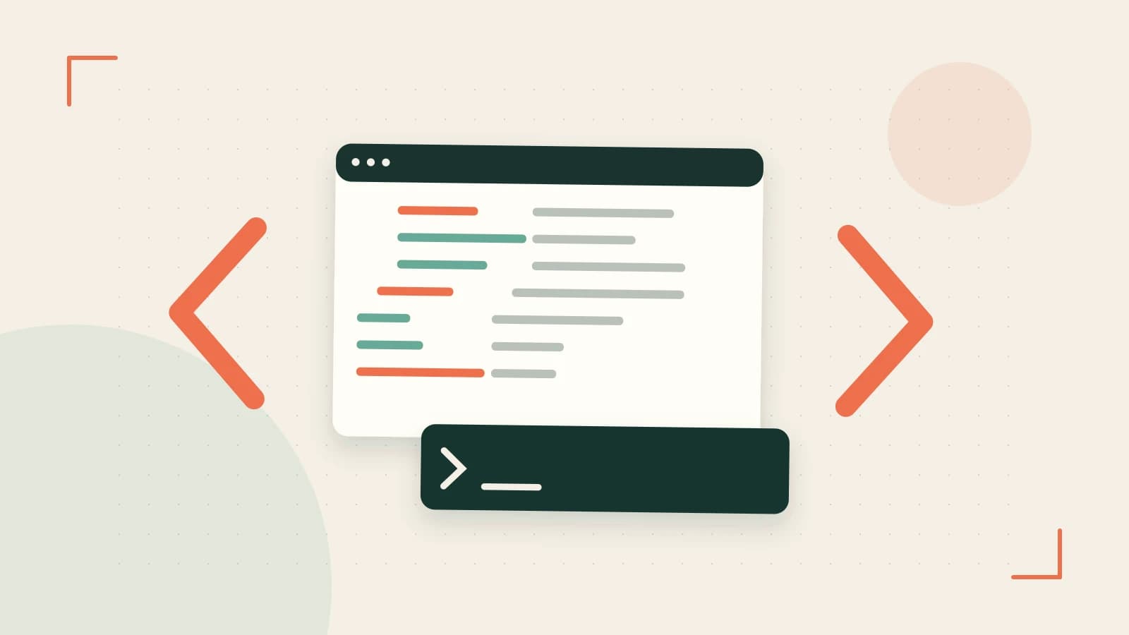 Editorial illustration of an abstract code editor, syntax blocks and oversized programming brackets