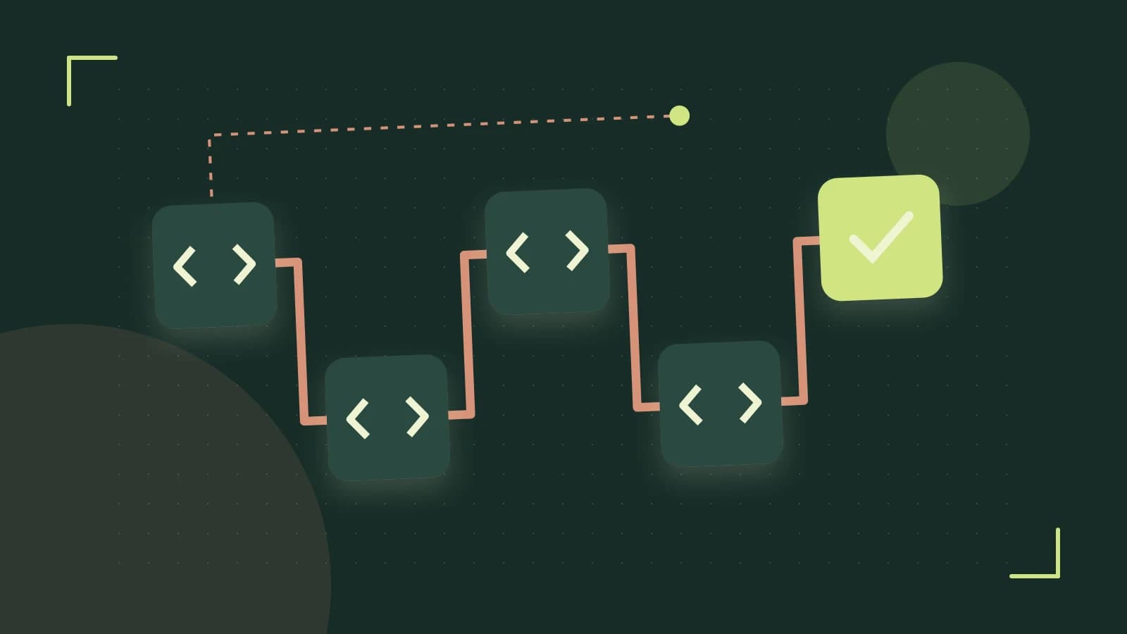 Editorial illustration of a branching build pipeline, staged transformations and a completed check