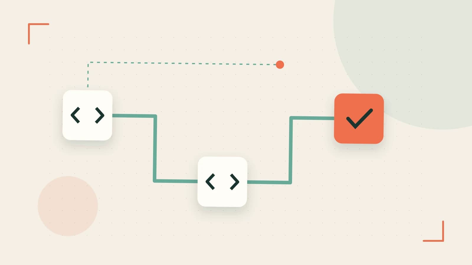 Editorial illustration of a branching build pipeline, staged transformations and a completed check