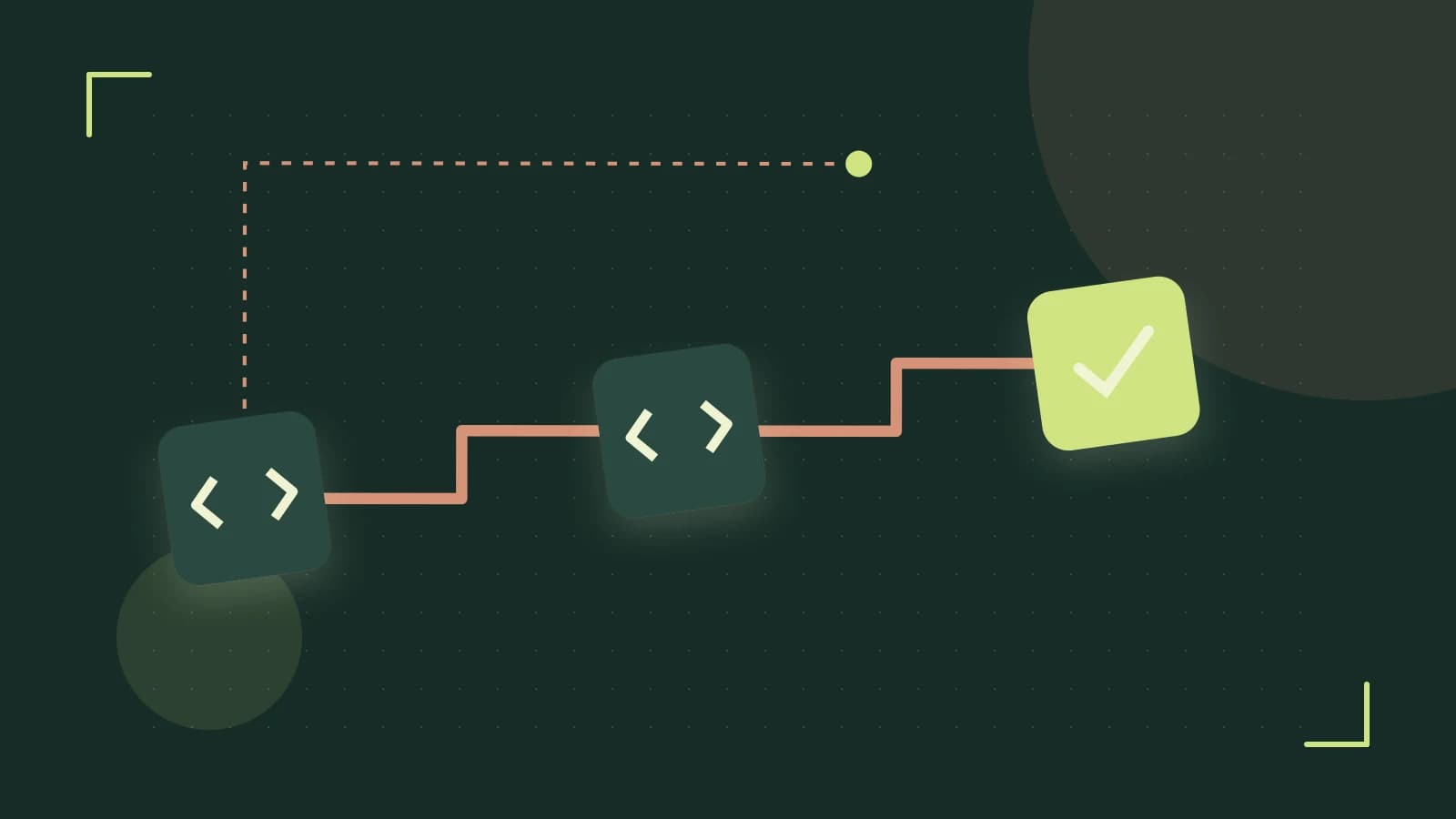Editorial illustration of a branching build pipeline, staged transformations and a completed check